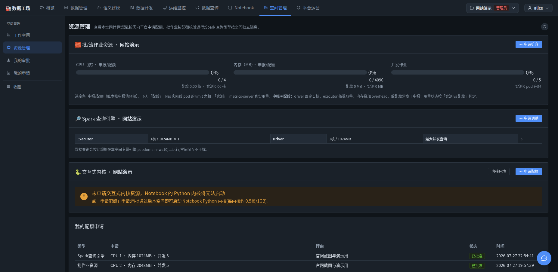 「资源管理」页里,Spark 查询引擎是独立于批/流作业资源的一份配额,有独立的审批记录