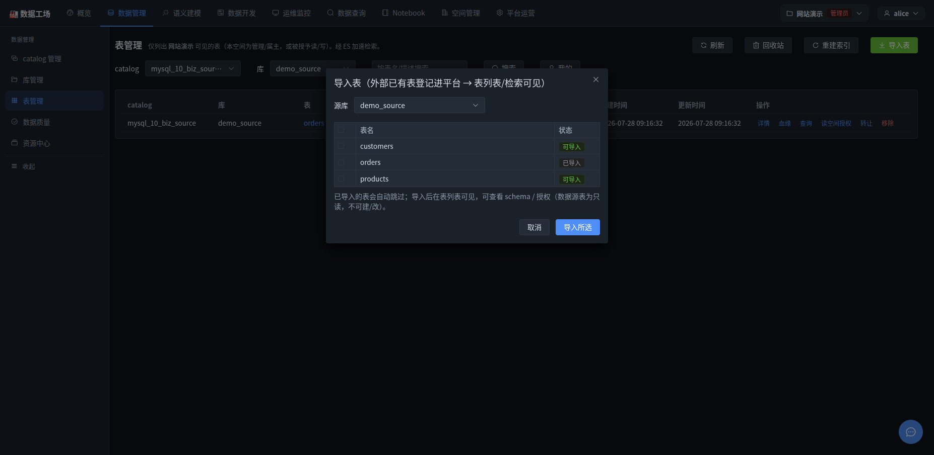 导入表:勾选数据源里已有的表登记进平台,已导入的自动跳过,登记后为只读