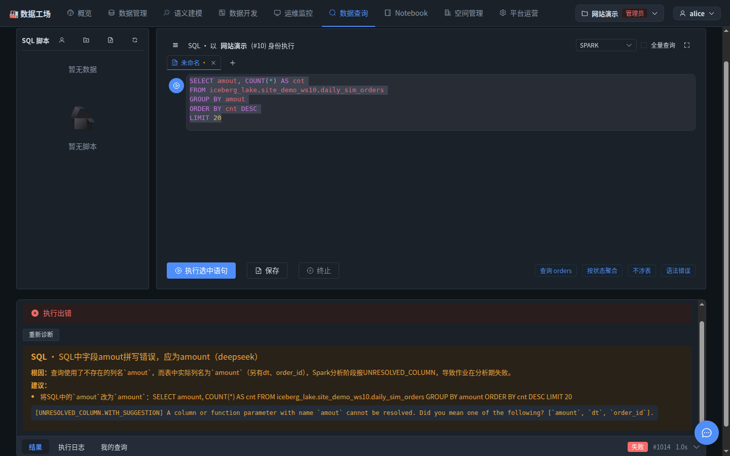 数据查询页:SQL 用了拼错的列名 amout,结果区显示"执行出错",AI 诊断结果卡给出分类 SQL、结论"SQL中字段amout拼写错误,应为amount(deepseek)",根因指出表中实际列名为 amount(另有 dt、order_id)、Spark 分析阶段报 UNRESOLVED_COLUMN,建议一栏给出改好列名的完整 SQL 可直接粘贴,下方关键错误显示 UNRESOLVED_COLUMN.WITH_SUGGESTION 原文